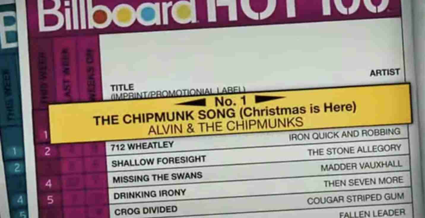 In Alvin and the Chipmunks (2007) there’s a scene showing the trio reaching #1 on the Hot 100. You can see them listed alongside other (totally real) hit songs from the time, such as Crog Divided by Cougar Striped Gum, and 712 Wheatley from the iconic Iron Quick and Robbing.